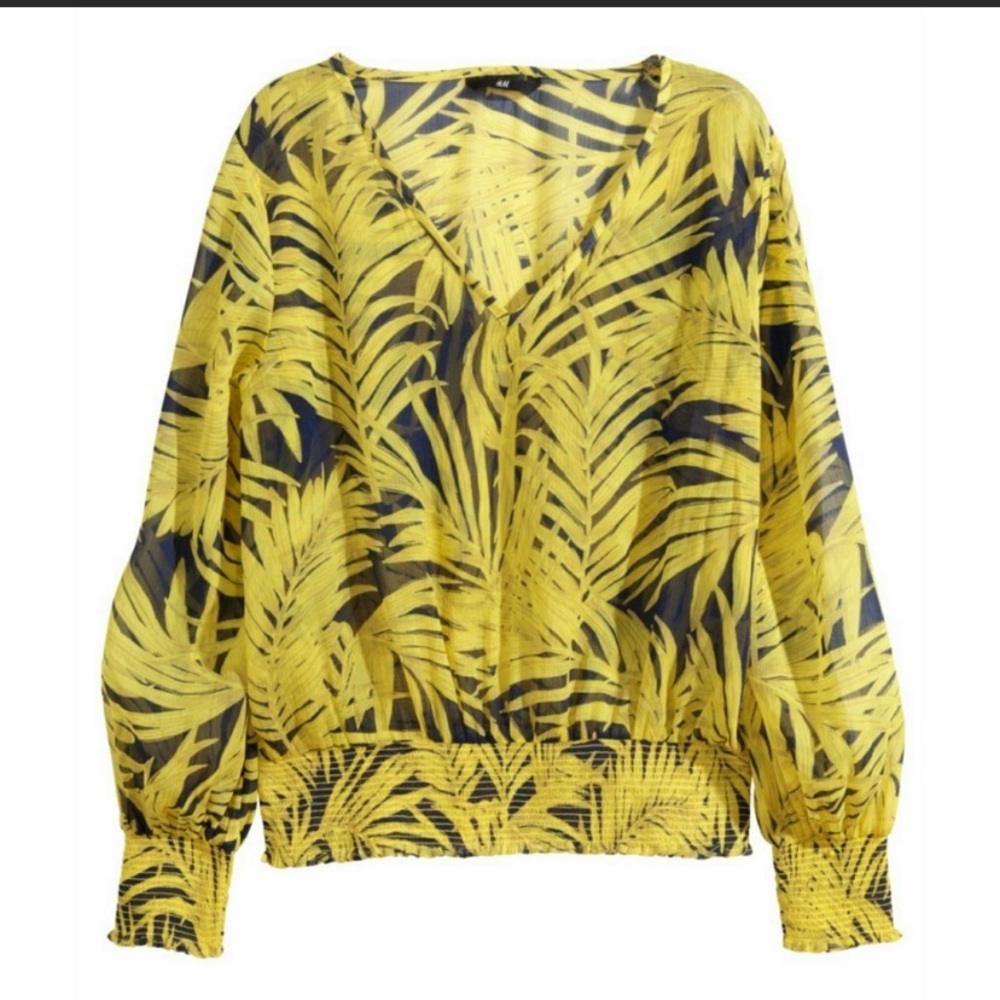 Yellow and Navy Palm Print Boho Top